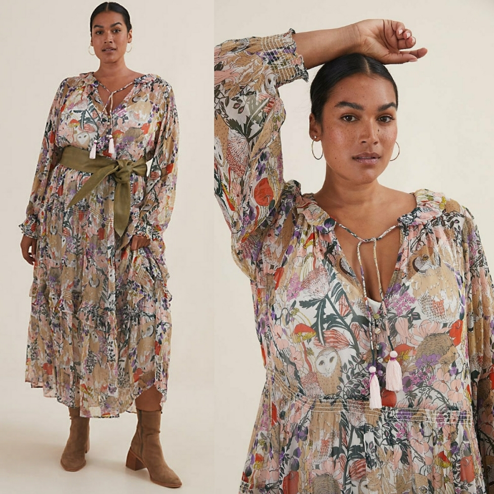 Anthropologie floral tiered maxi dress floral owl print